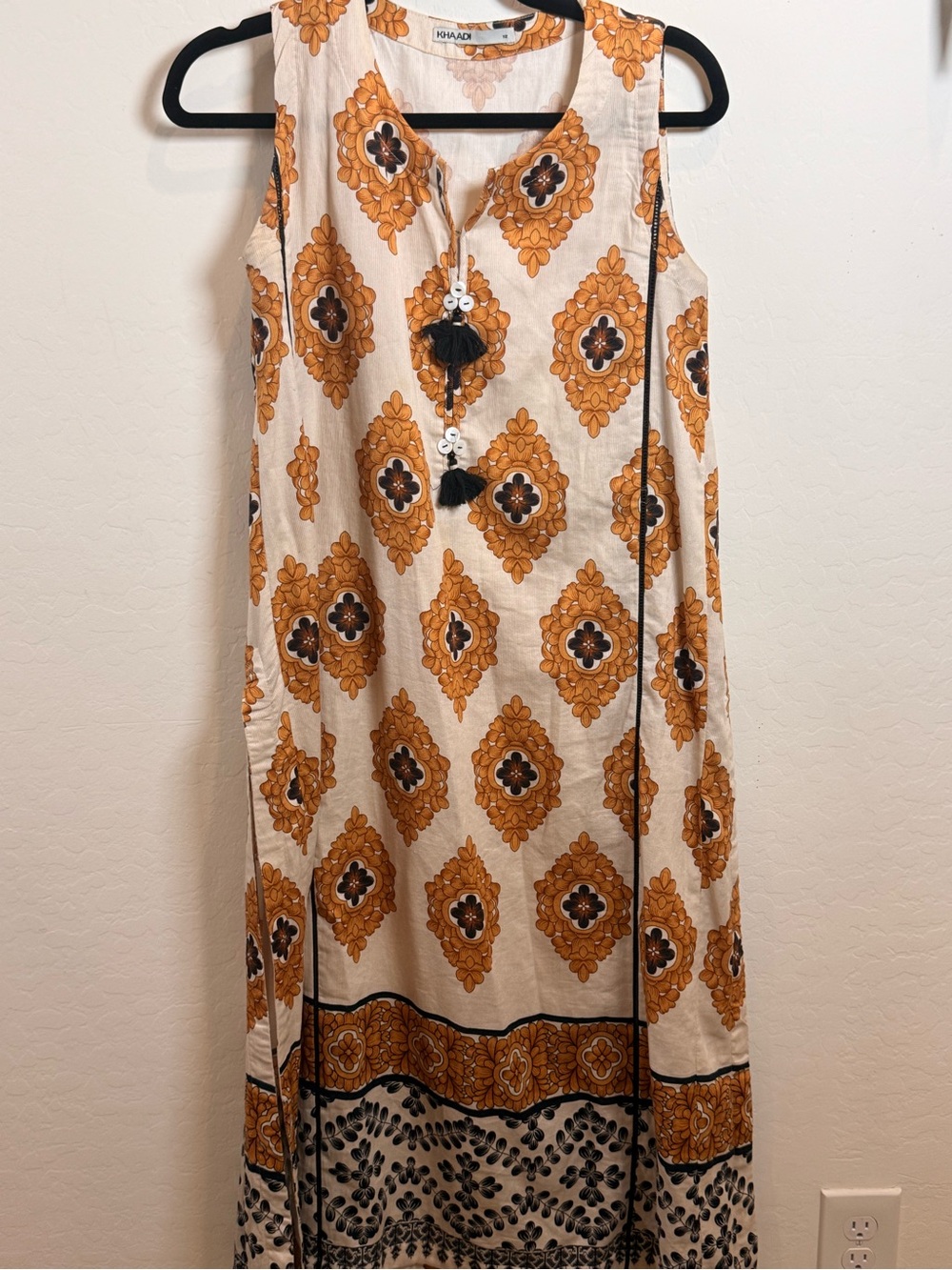 Khaadi Sleeveless Printed Maxi Dress in Cream and Mustard